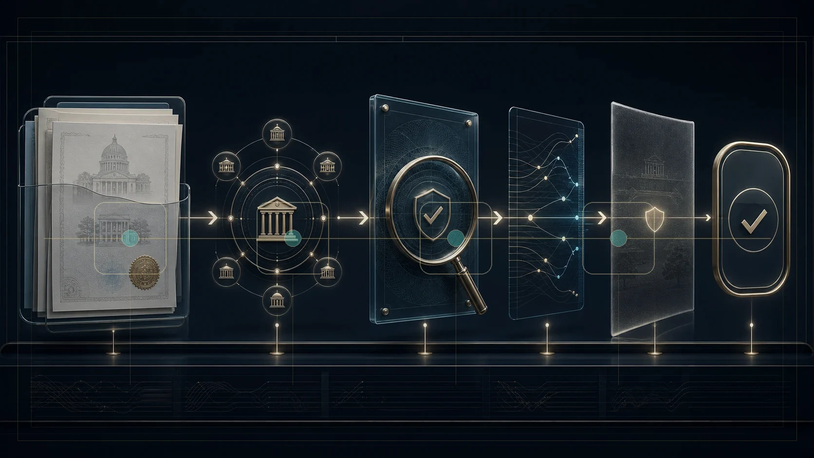 Abstract institutional verification flow from record presentation through issuer and status checks to a bounded result